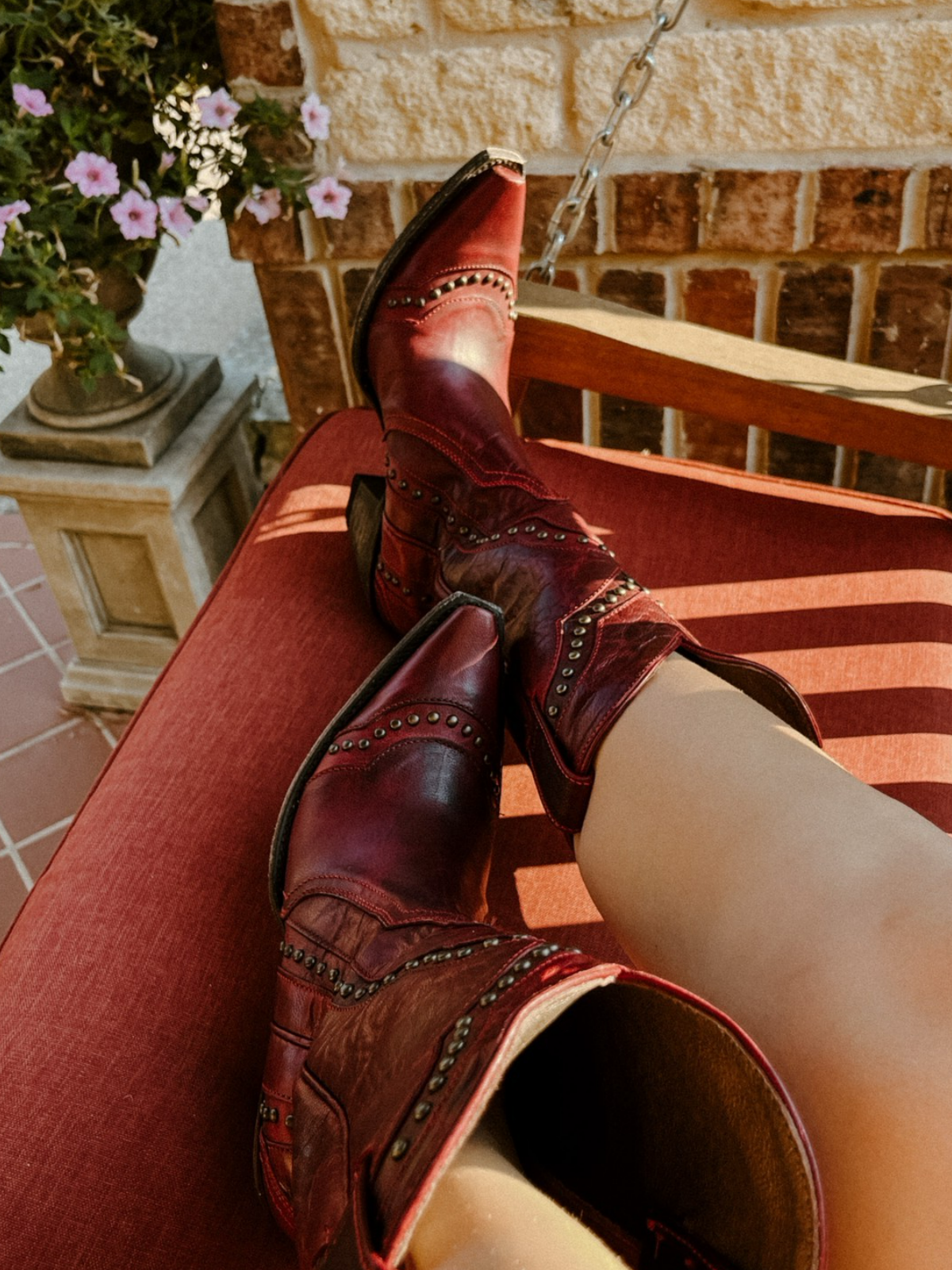 Dark Red Distressed Stitch Studded Snip-Toe Wide Mid Calf Cowgirl Tall Boots