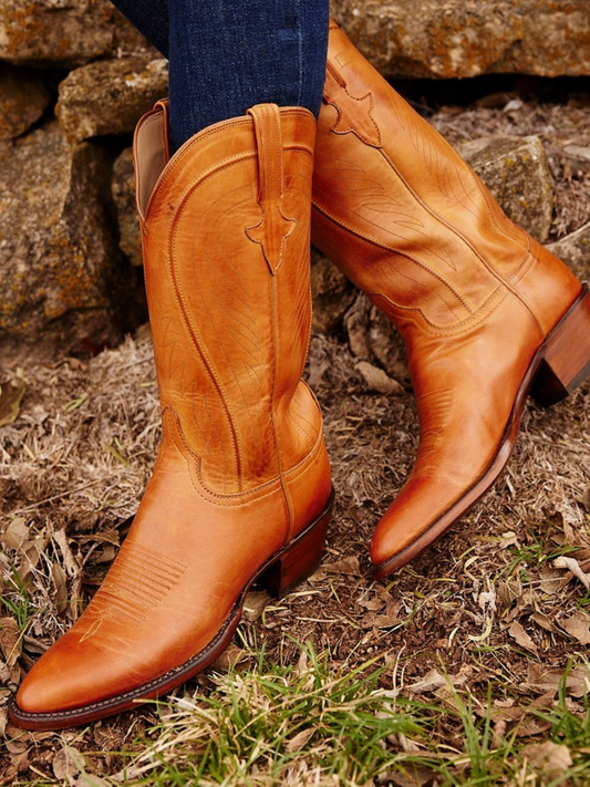 Embroidery Almond-Toe Tall Wide Mid Calf Western Boots For Women - Honey