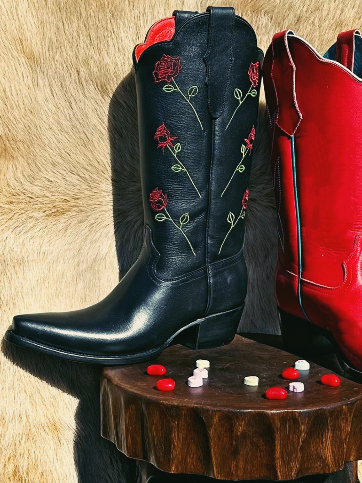 Black Snip-Toe Wide Mid Calf Western Cowgirl Boots With Red Rose Embroidery