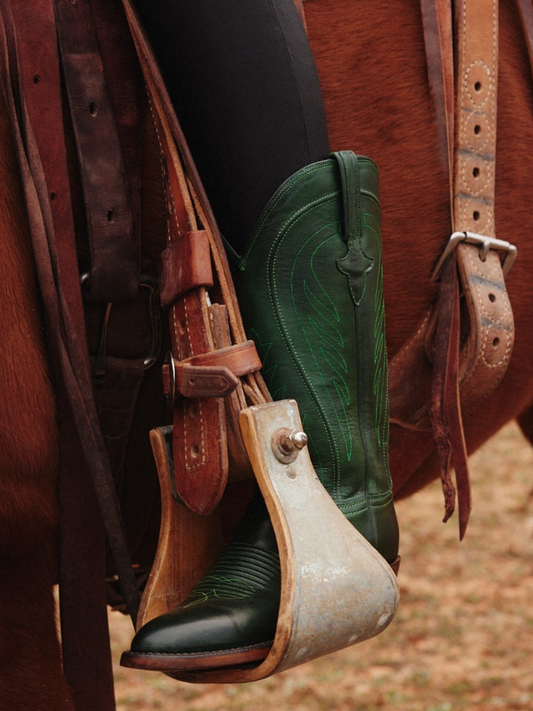 Embroidery Almond-Toe Tall Wide Mid Calf Western Boots For Women - Green