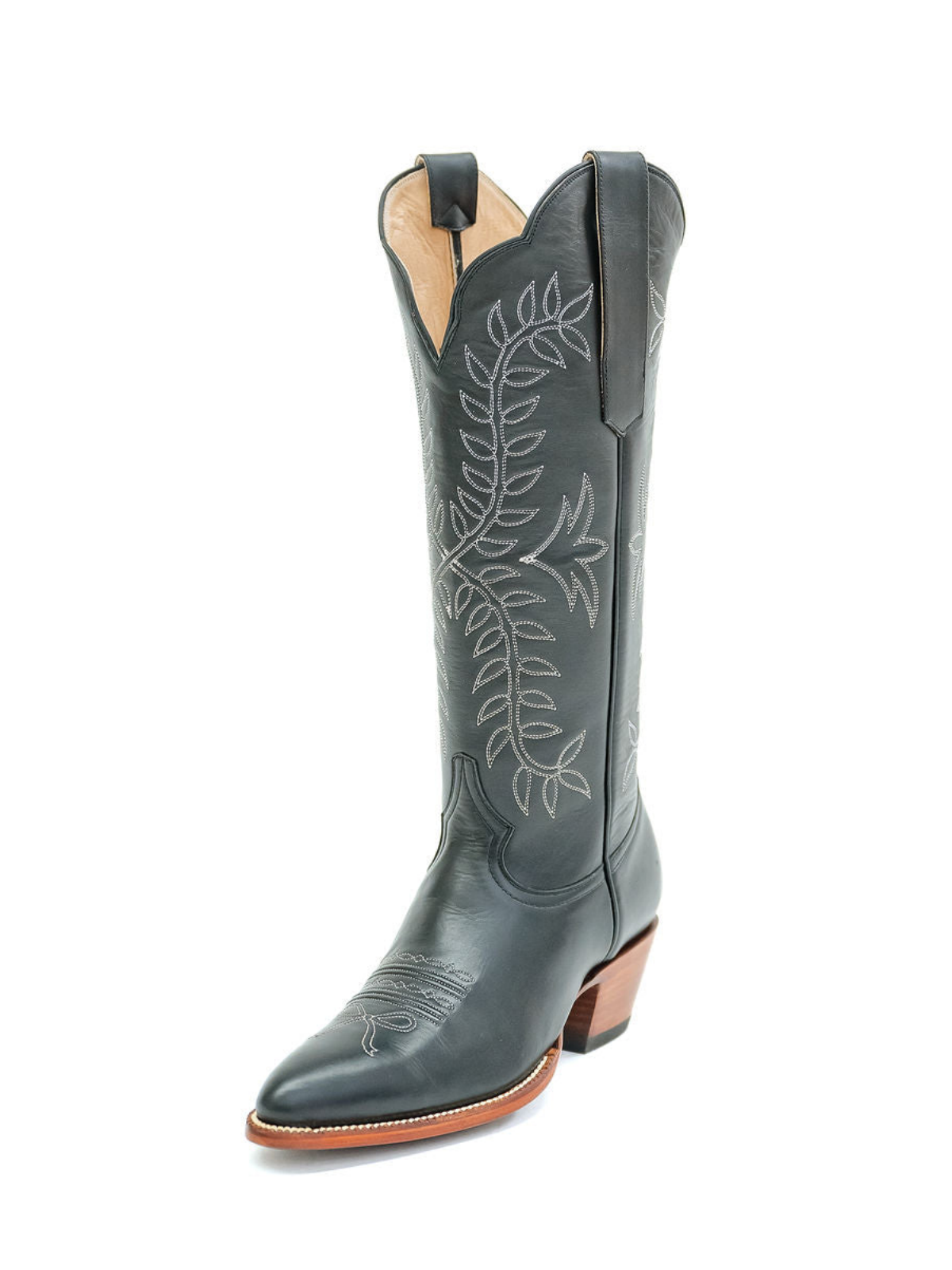 Black Almond-Toe Classic Leaves Embroidery Wide Mid Calf Cowgirl Boots