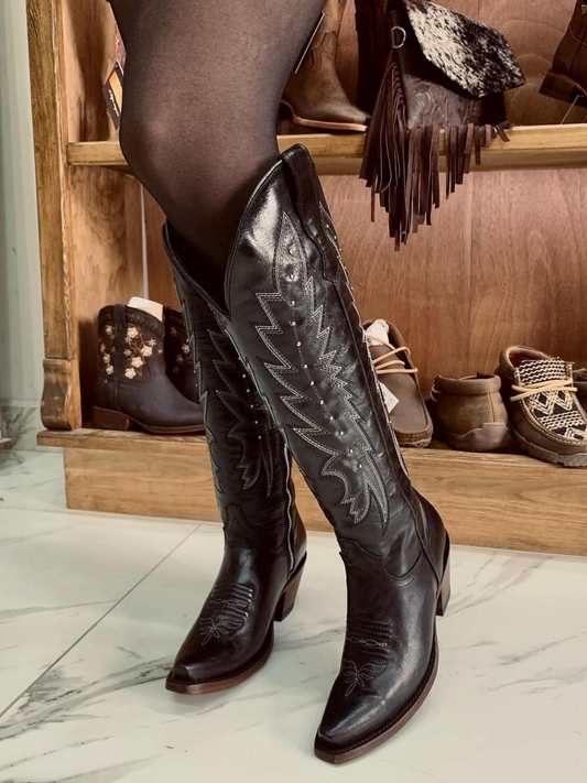 Black Embroidery Studded Snip-Toe Half-Zip Cowboy Knee High Tall Boots For Women