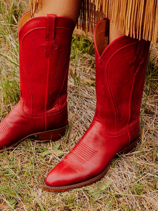 Embroidery Almond-Toe Tall Wide Mid Calf Western Boots For Women - Red