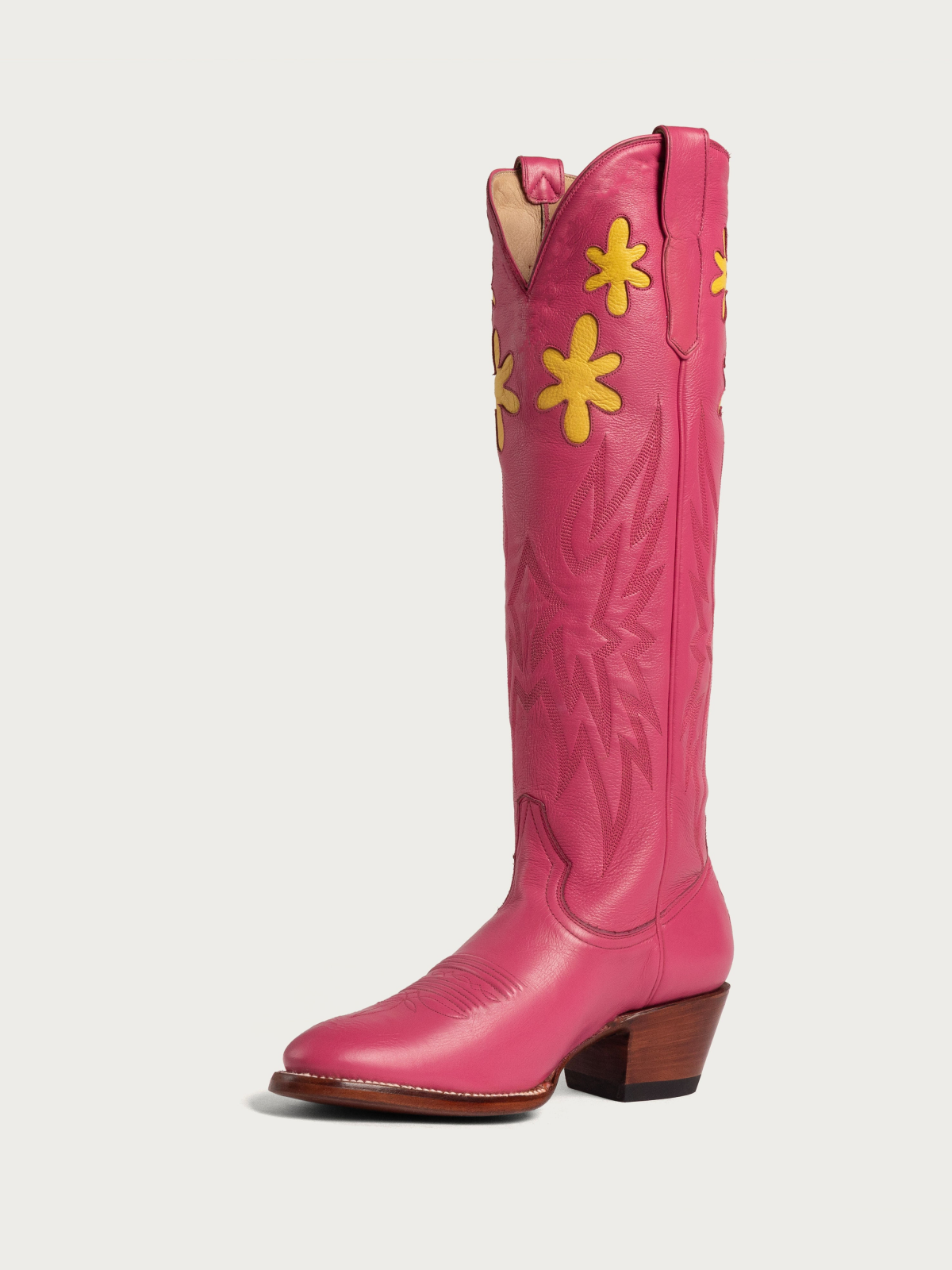 Yellow Floral Inlay Embroidered Wide Calf Cowgirl Tall Boots In Cranberry Pink