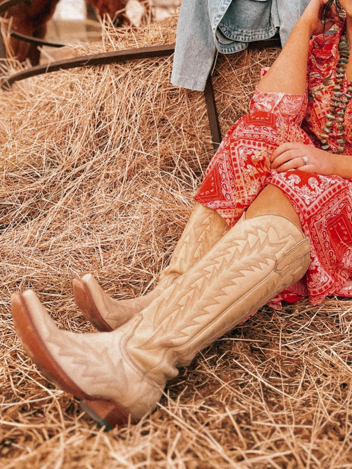 Camel Brown Leaf Embroidery Wide Calf Knee High Tall Boots