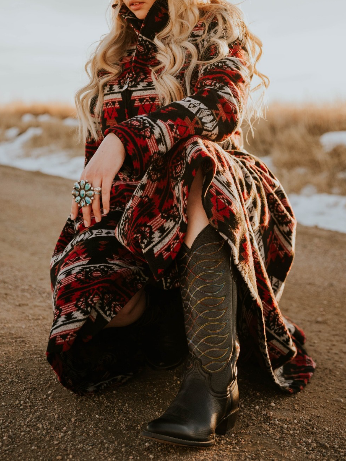 Black Round-Toe Embroidery Wide Mid Calf Tall Cowgirl Boots