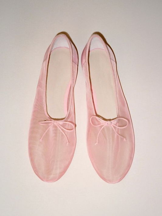 Pink Mesh Super Cute Bow Ballet Flats With Almond Toe