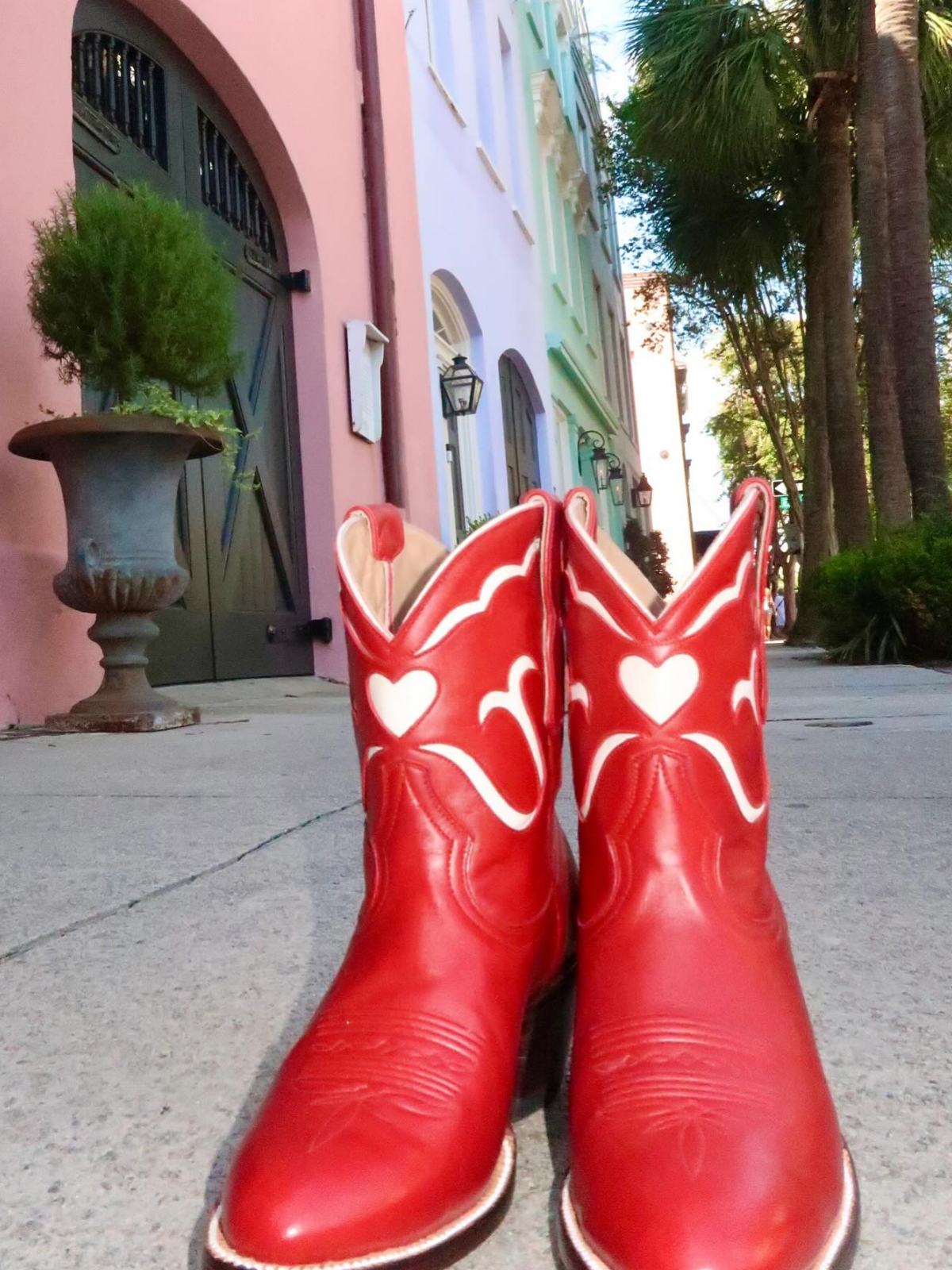 White Heart Inlay Almond-Toe Wide Mid Calf Cowgirl Boots - Red