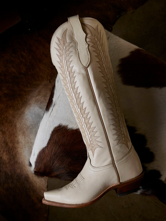 Bone Snip-Toe Wide Calf Embroidery Tall Knee High Cowgirl Boots