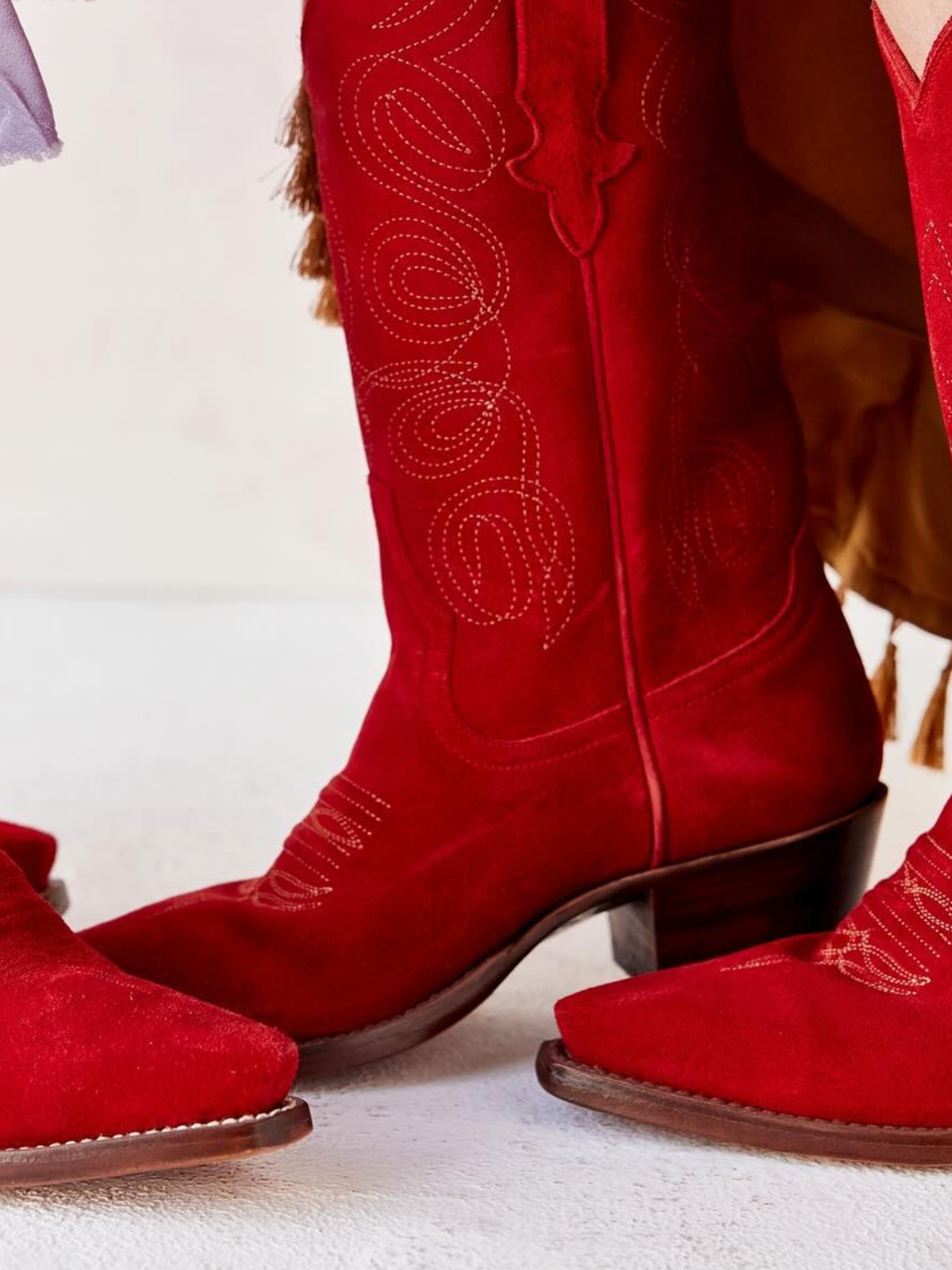 Red Faux Suede Embroidery Cowgirl Boots Wide Calf Western Boots