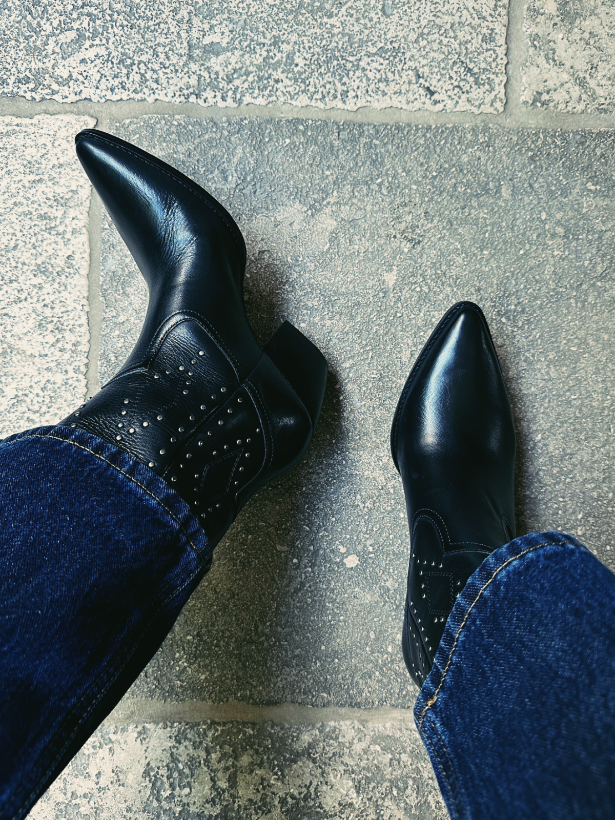 Black Stitch Studded Pointed-Toe Wide Mid Calf Western Boots Cowgirl Boots