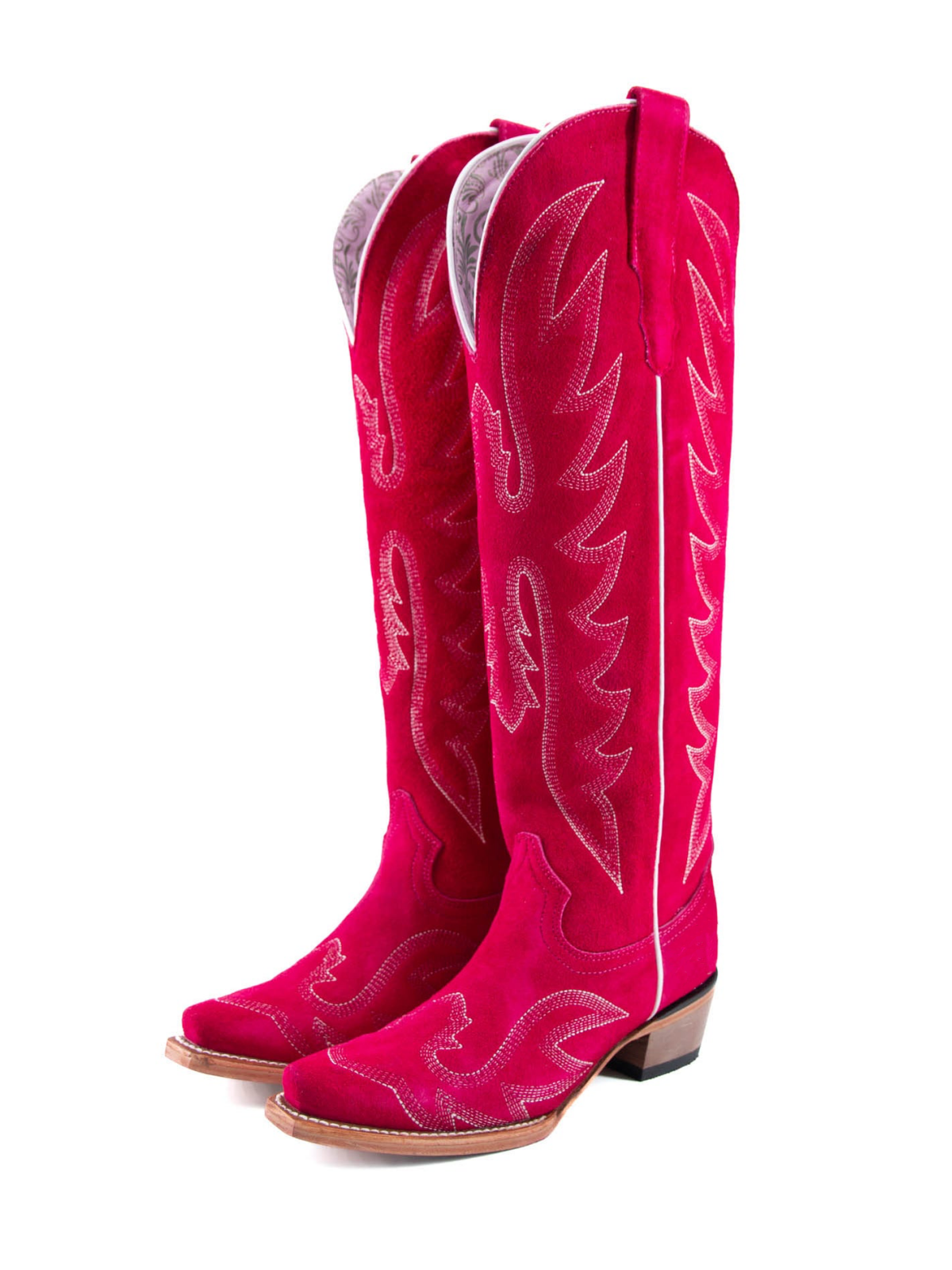 Ruby Red Faux Suede Embroidery Snip-Toe Half-Zip Cowgirl Knee High Tall Boots