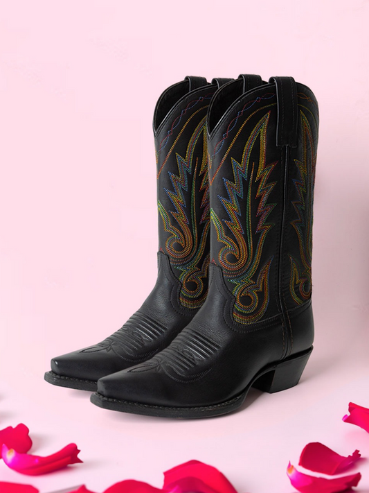 Black Snip-Toe Leaf Embroidery Wide Mid Calf Tall Cowgirl Boots