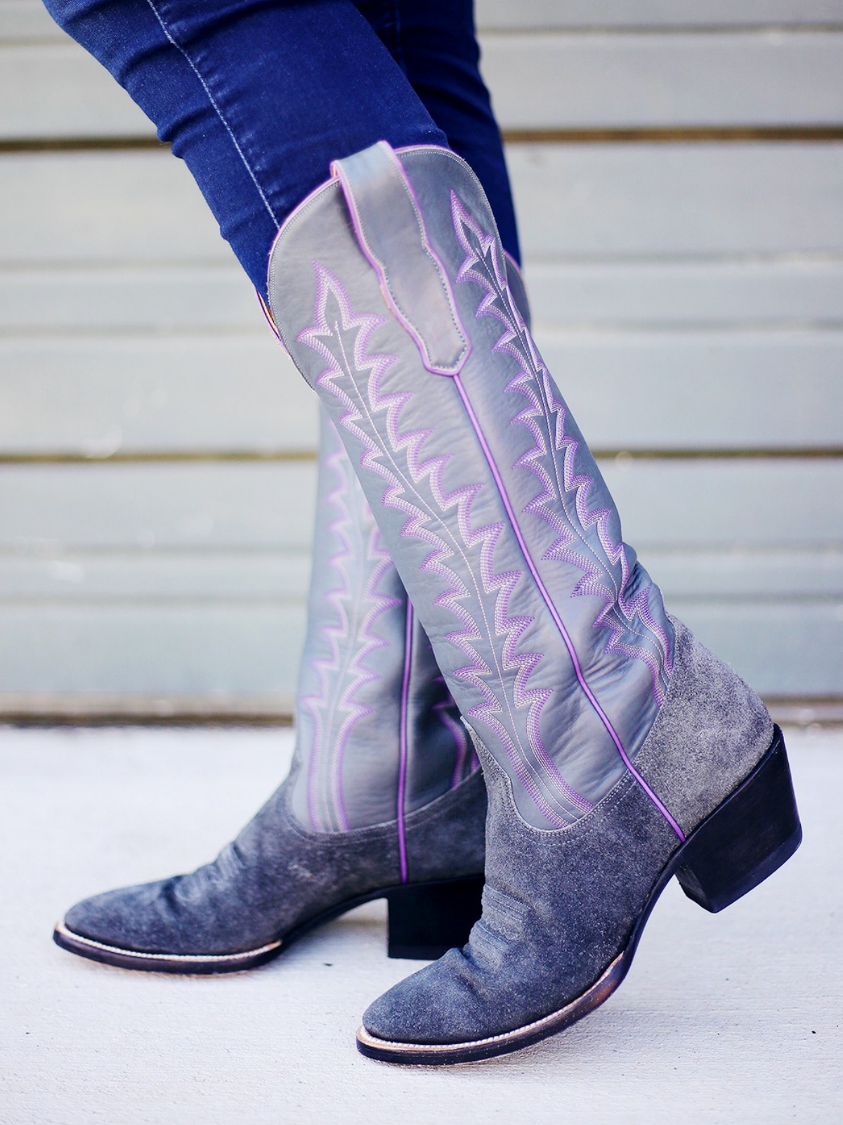 Contrast Purple And Gray Faux Suede Embroidery Almond-Toe Wide Mid Calf Tall Cowgirl Boots