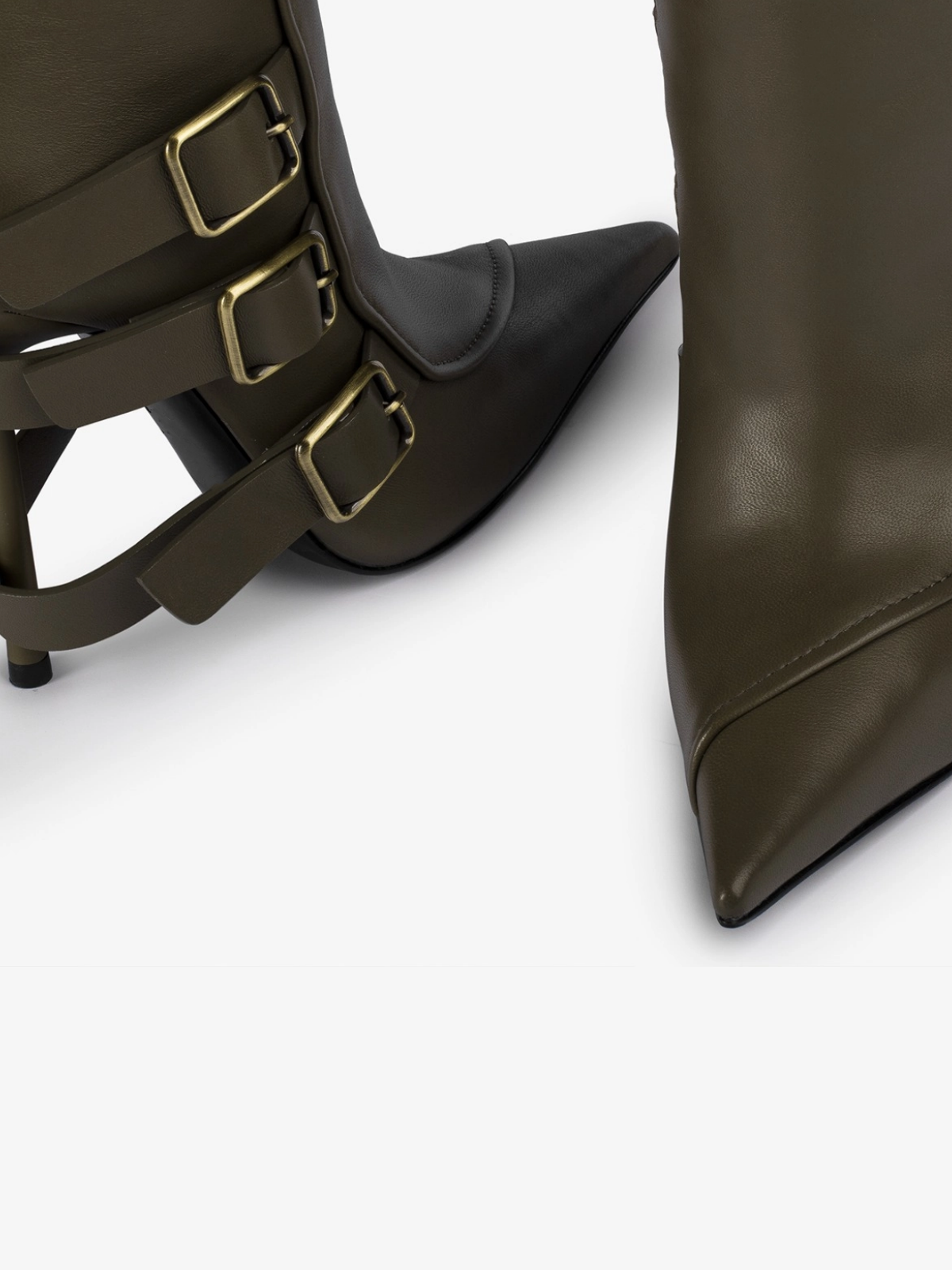 Khaki Pointed-Toe Wide Mid Calf Stiletto Boots With Buckles