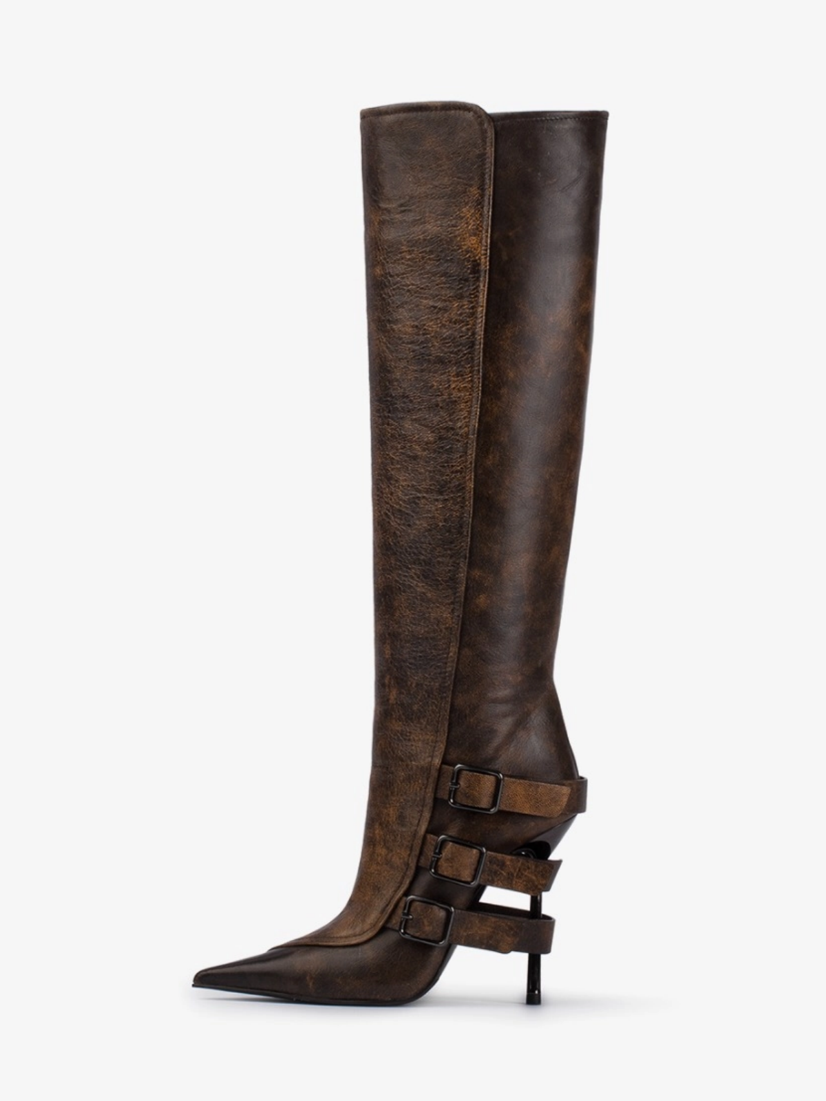 Distressed Dark Brown Pointed-Toe Wide Mid Calf Stiletto Boots With Buckles