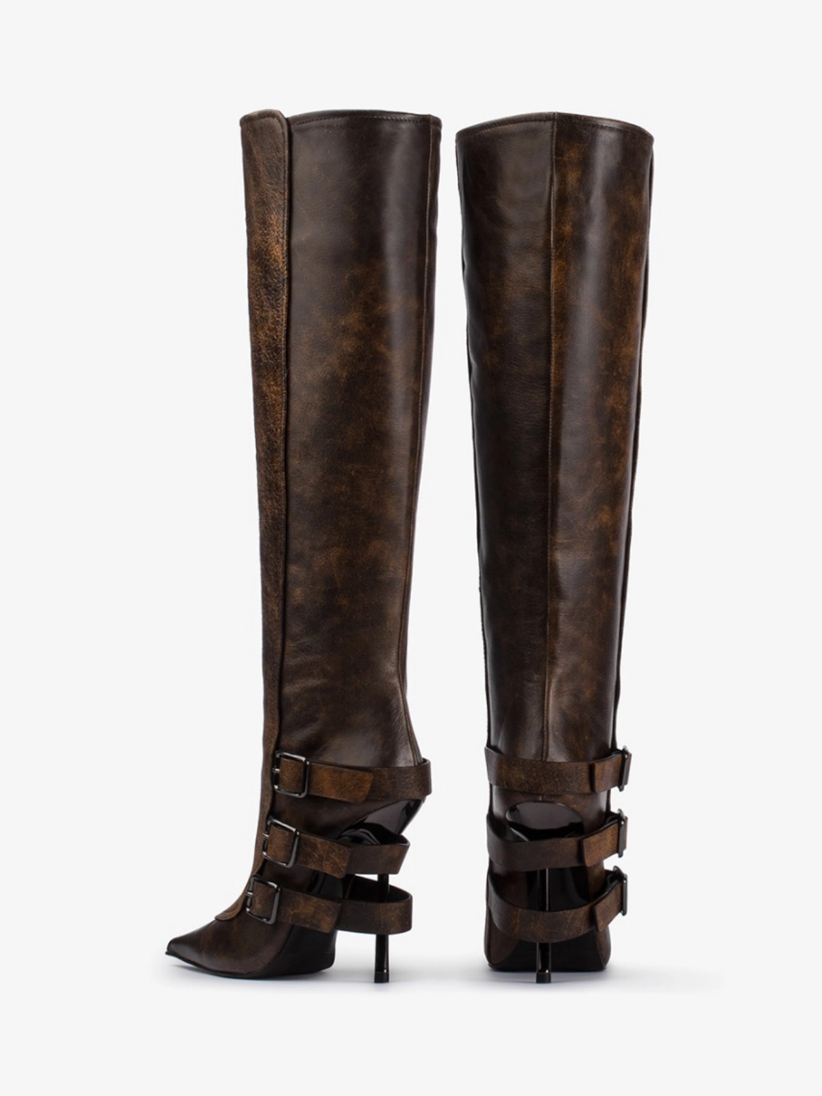 Distressed Dark Brown Pointed-Toe Wide Mid Calf Stiletto Boots With Buckles