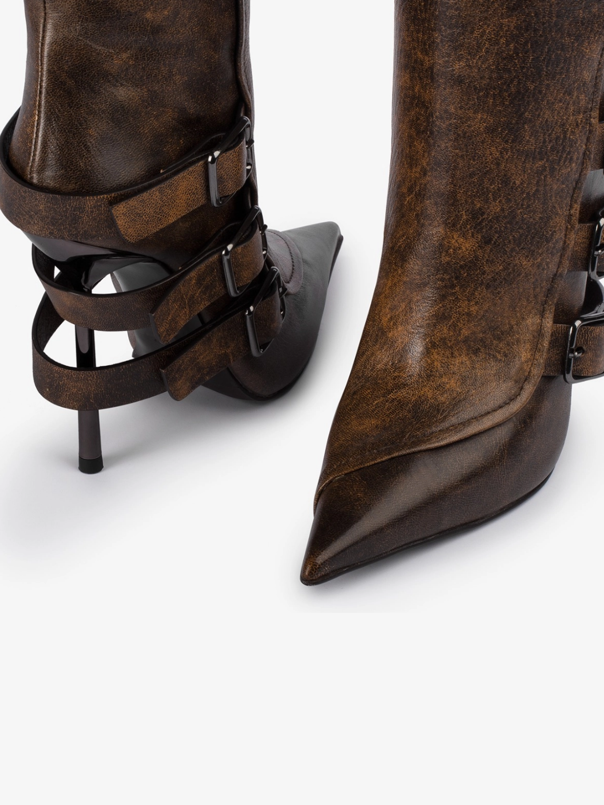 Distressed Dark Brown Pointed-Toe Wide Mid Calf Stiletto Boots With Buckles