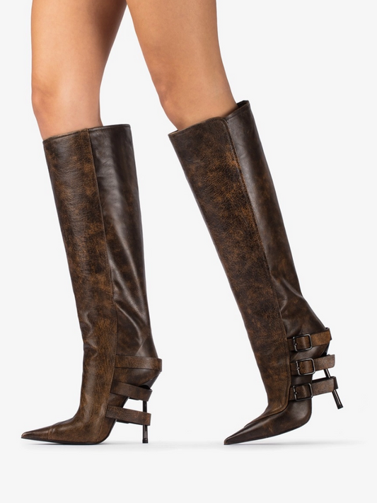 Distressed Dark Brown Pointed-Toe Wide Mid Calf Stiletto Boots With Buckles