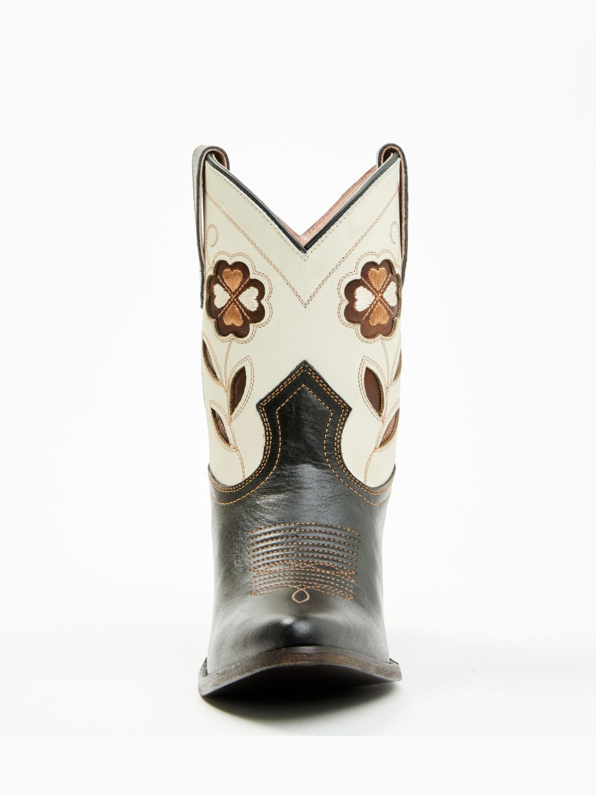 Contrast Black And Cream Almond-Toe Flowers Inlay Wide Mid Calf Cowgirl Boots