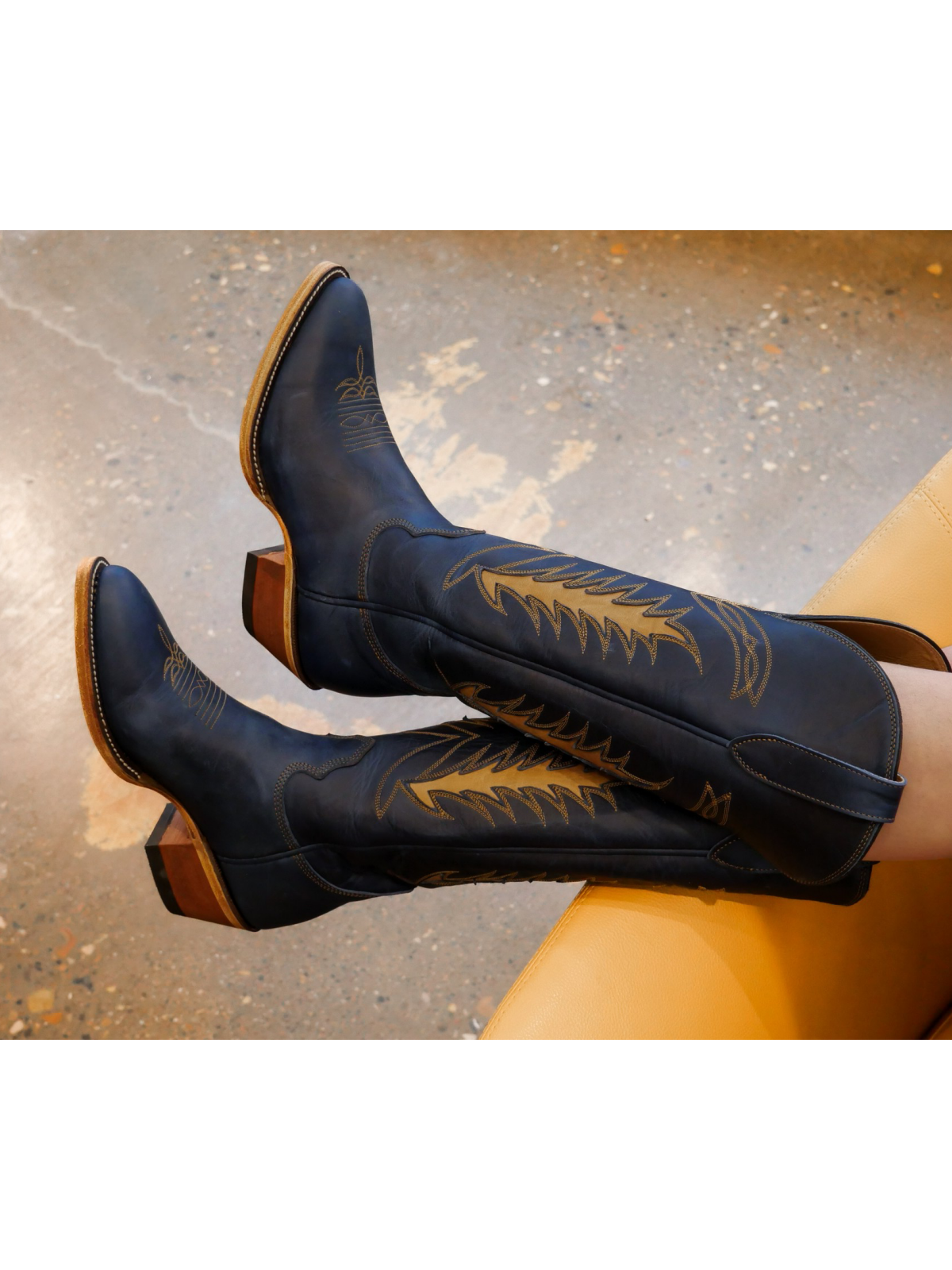 Dark Blue Almond-Toe Inlay Embroidery Wide Mid Calf Tall Cowgirl Boots