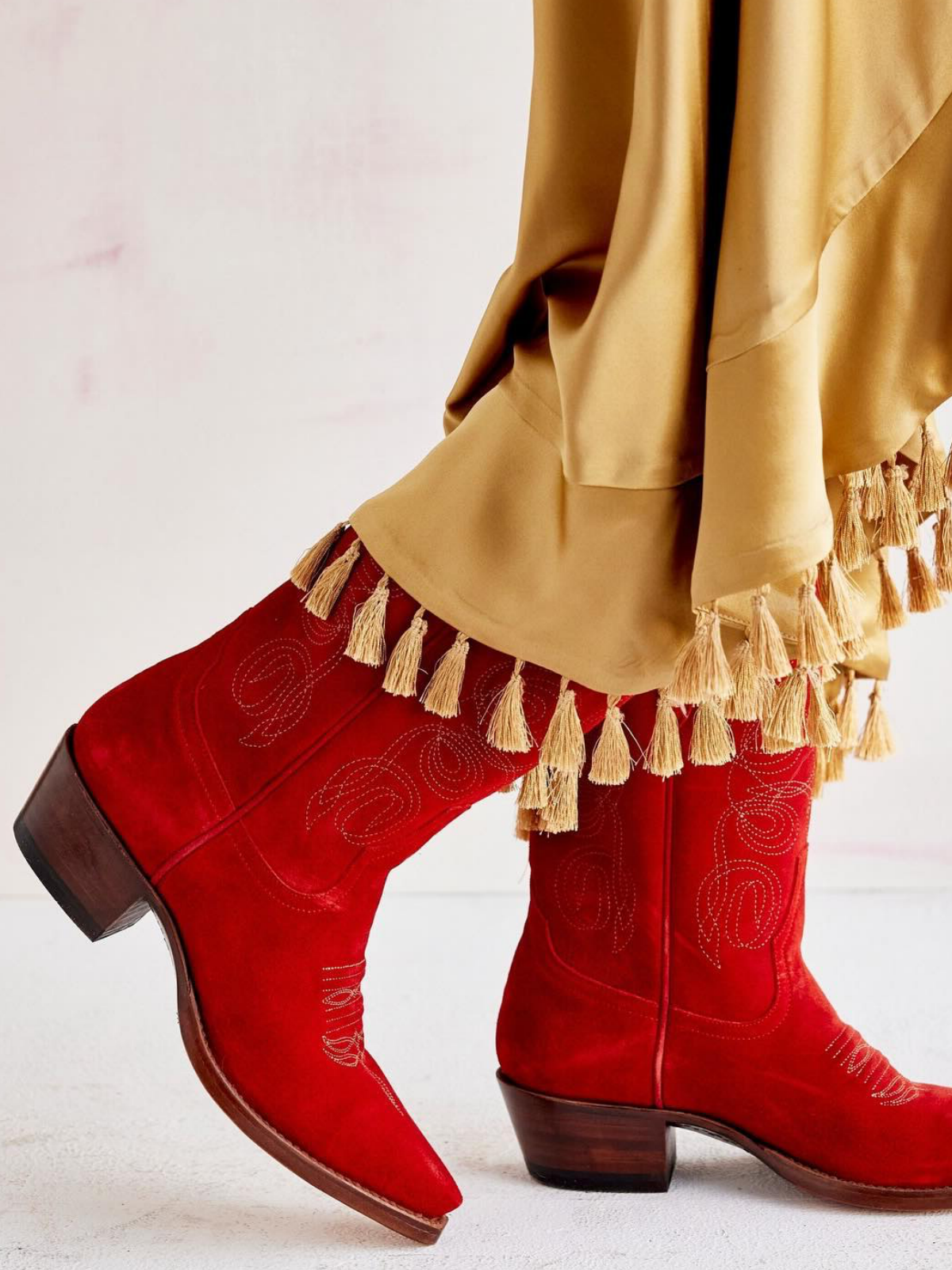 Red Faux Suede Embroidery Cowgirl Boots Wide Calf Western Boots