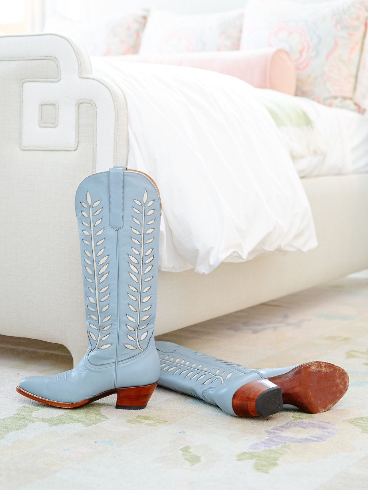 Almond-Toe Ivory Leaves Inlay Wide Calf Tall Knee High Cowgirl Boots - Powder Blue