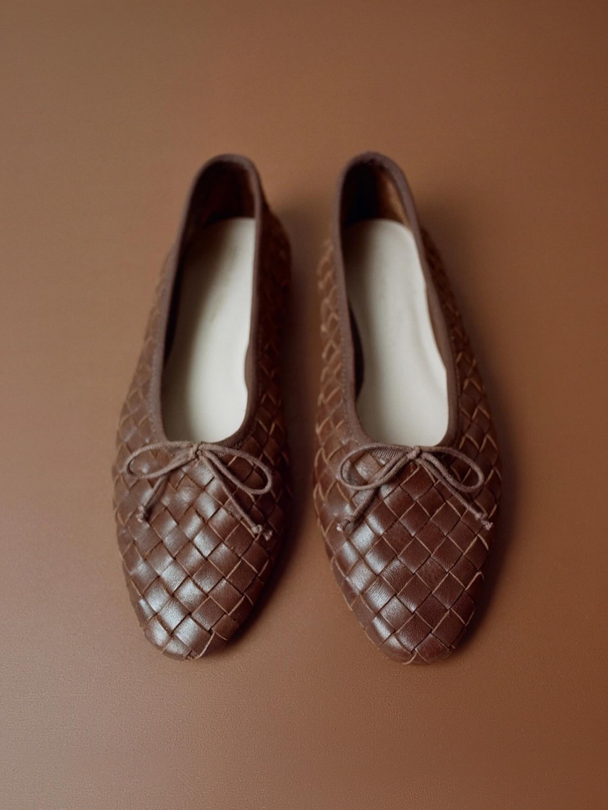 Chocolate Almond-Toe Bow Woven Ballet Flats