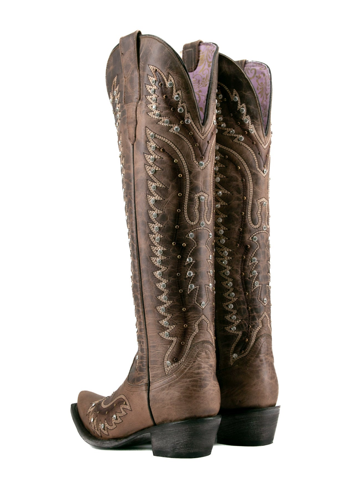 Distressed Tabaco Snip-Toe Studded Eagle Embroidery Half-Zip Knee High Cowgirl Boots