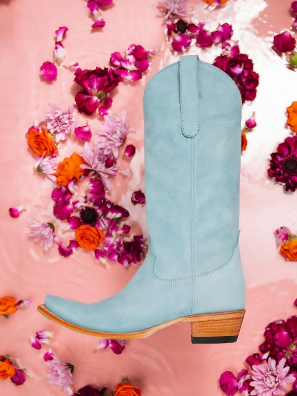Powder Blue Faux Suede Snip-Toe Wide Mid Calf Cowboy Boots For Women ...