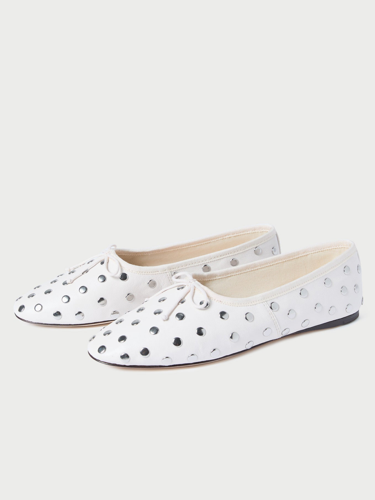 White Almond-Toe Bow Ballet Flats With Silver Studs