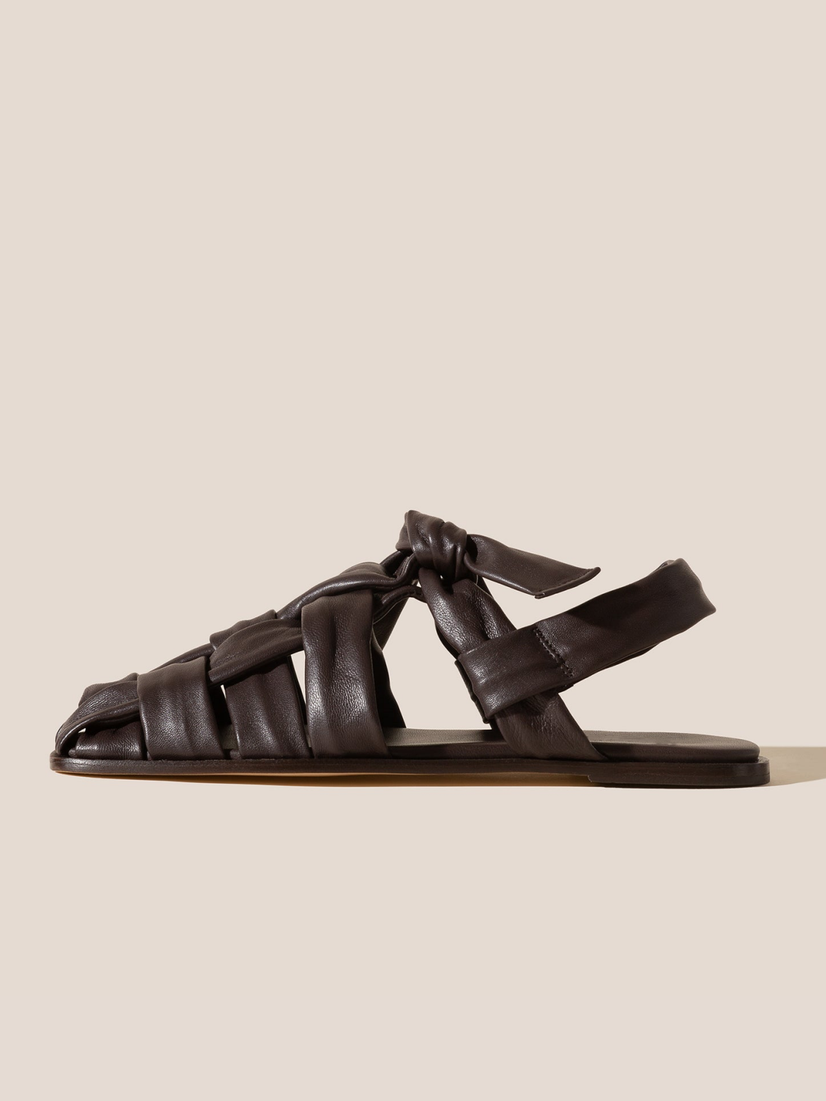 Chocolate Interwoven Square-Toe Flats Sandals With T-Strap Knotted Bow