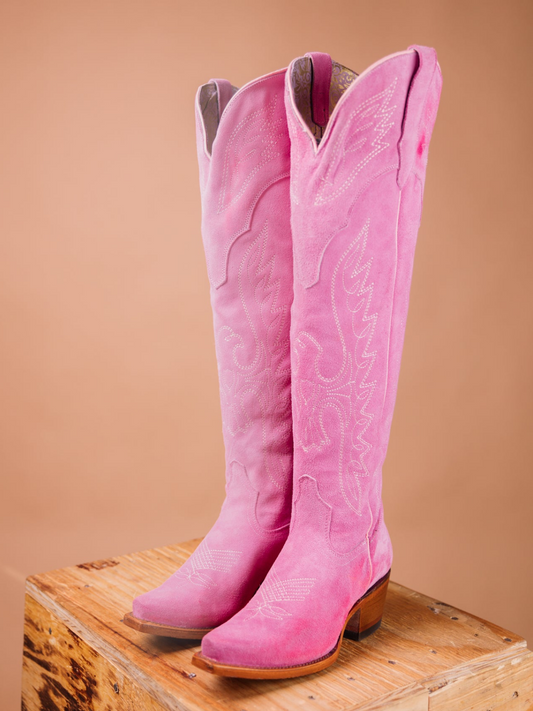 Eagle Embroidery Snip-Toe Half-Zip Over-The-Knee Tall Cowgirl Boots - Pink Faux Suede