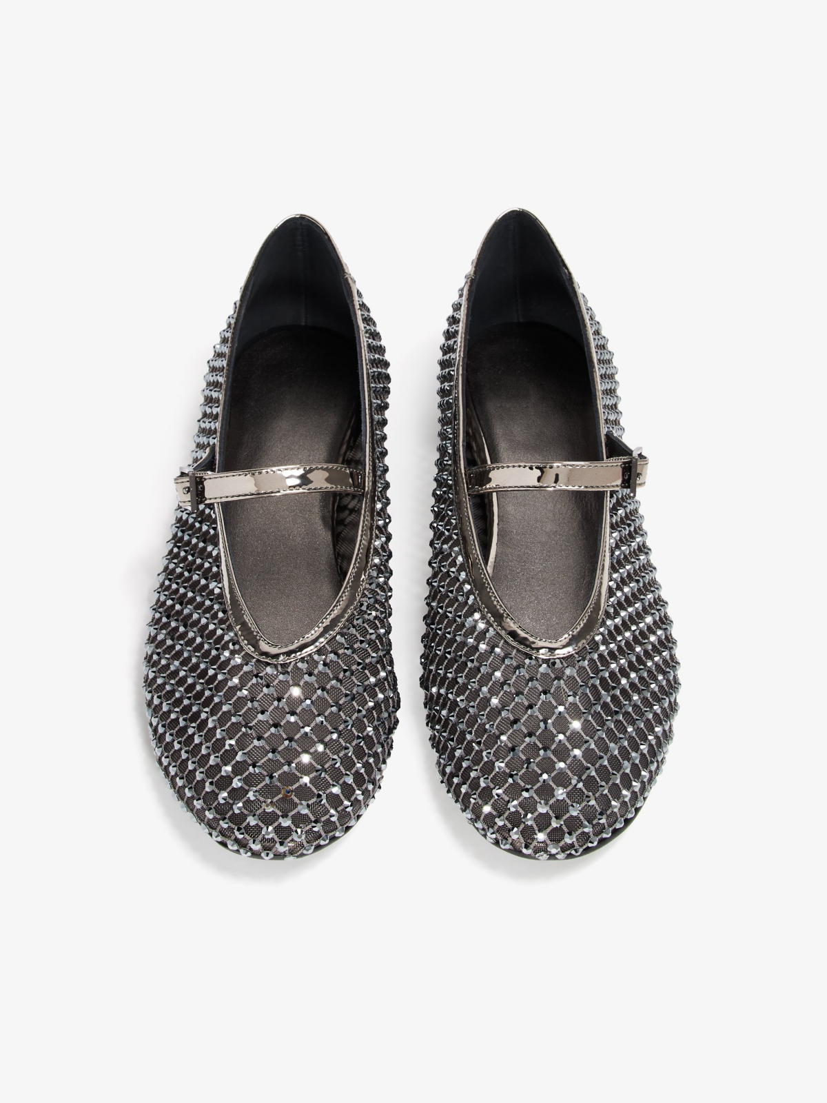 Metallic Silver Rhinestone Fishnet Round-Toe Ballet Flats Mary Janes