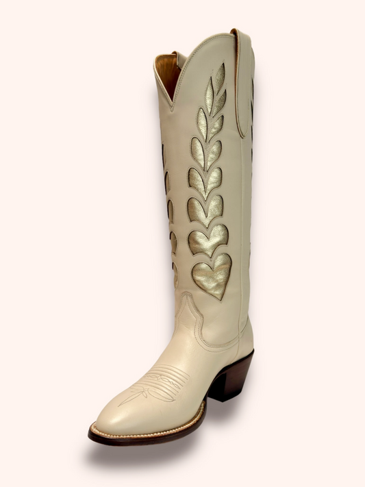 Metallic Heart Inaly And Applique Almond-Toe Wide Mid Calf Tall Cowgirl Boots - Bone