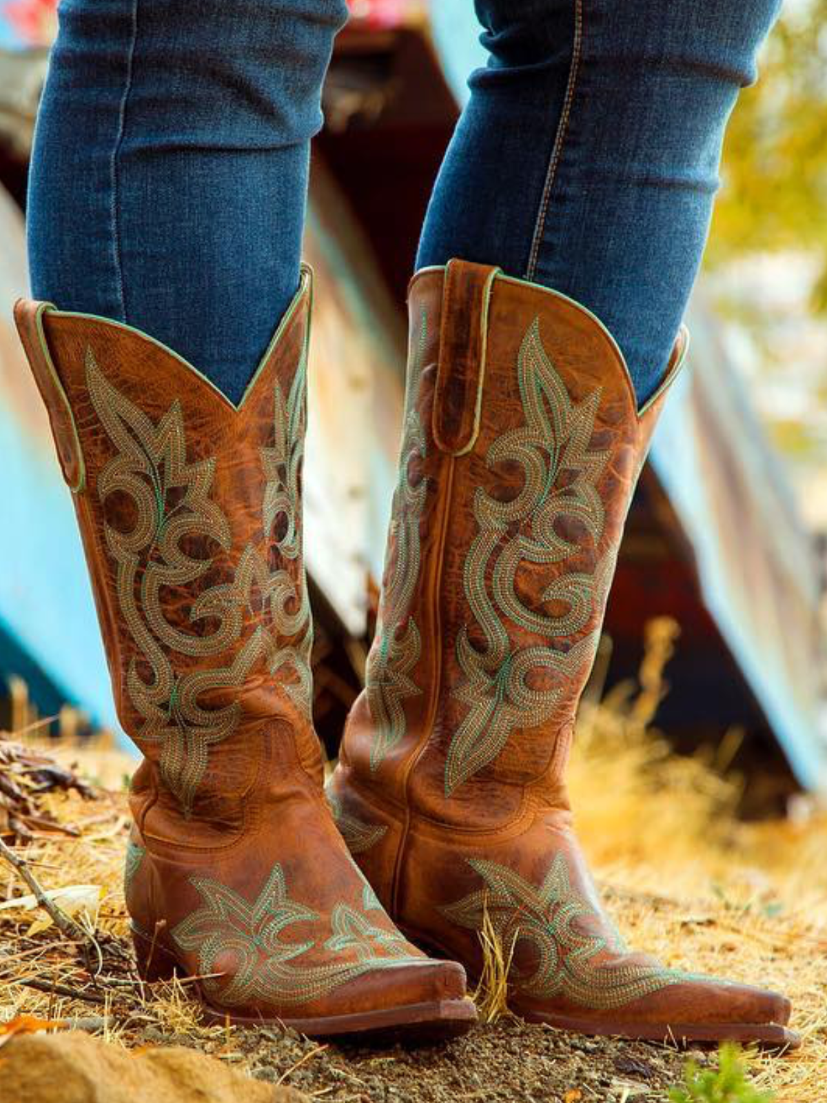 Distressed Tan Snip-Toe Embroidery Wide Mid Calf Tall Cowgirl Boots