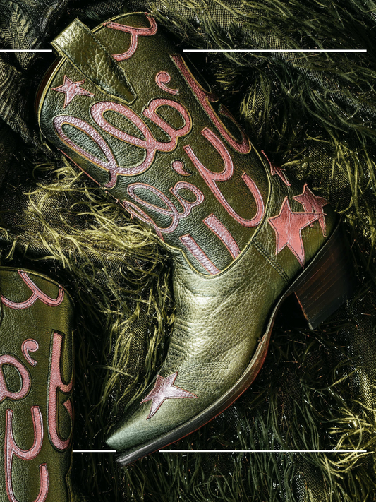 Metallic Green Snip-Toe Star And Letters Inlay Applique Wide Mid Calf Cowgirl Boots