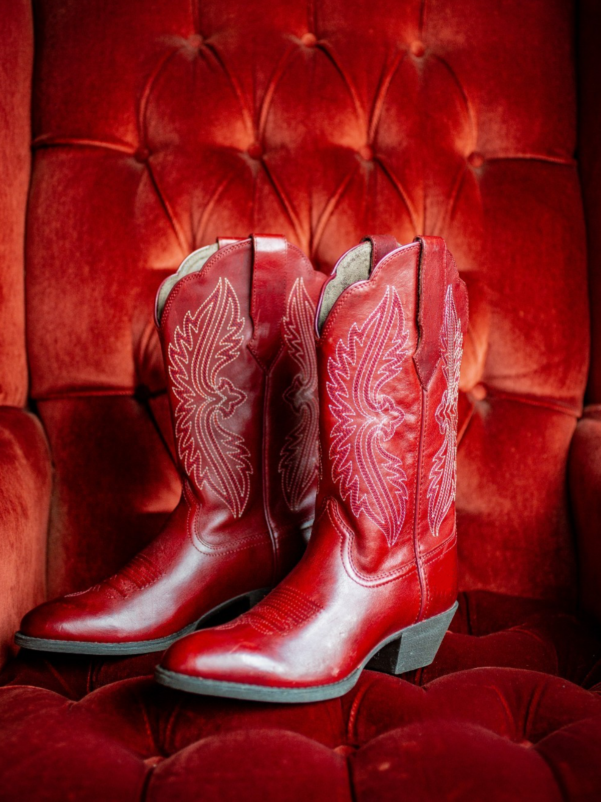 Rose Red Embroidery Almond-Toe Wide Mid Calf Cowgirl Boots