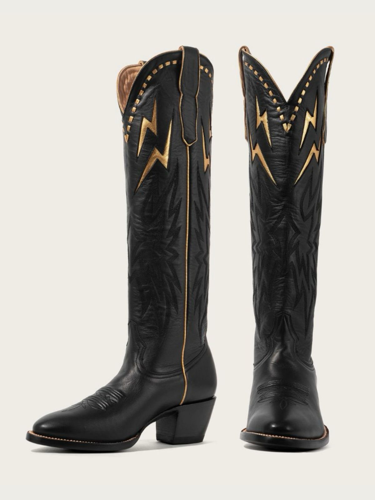 Metallic Gold Lightning Inlay Stitch Embroidery Almond-Toe Wide Mid Calf Tall Cowgirl Boots - Black