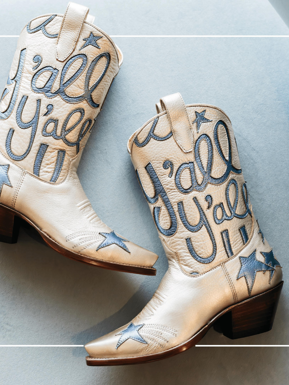 Metallic Ivory Snip-Toe Star And Letters Inaly Applique Wide Mid Calf Cowgirl Boots