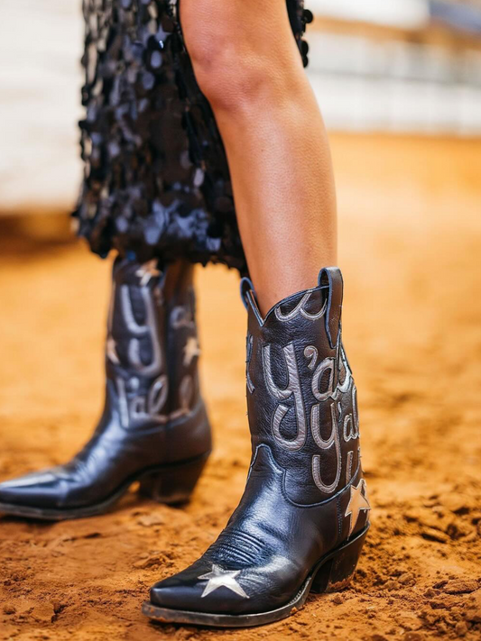 Metallic Navy Blue Snip-Toe Star And Letters Inlay Applique Wide Mid Calf Cowgirl Boots