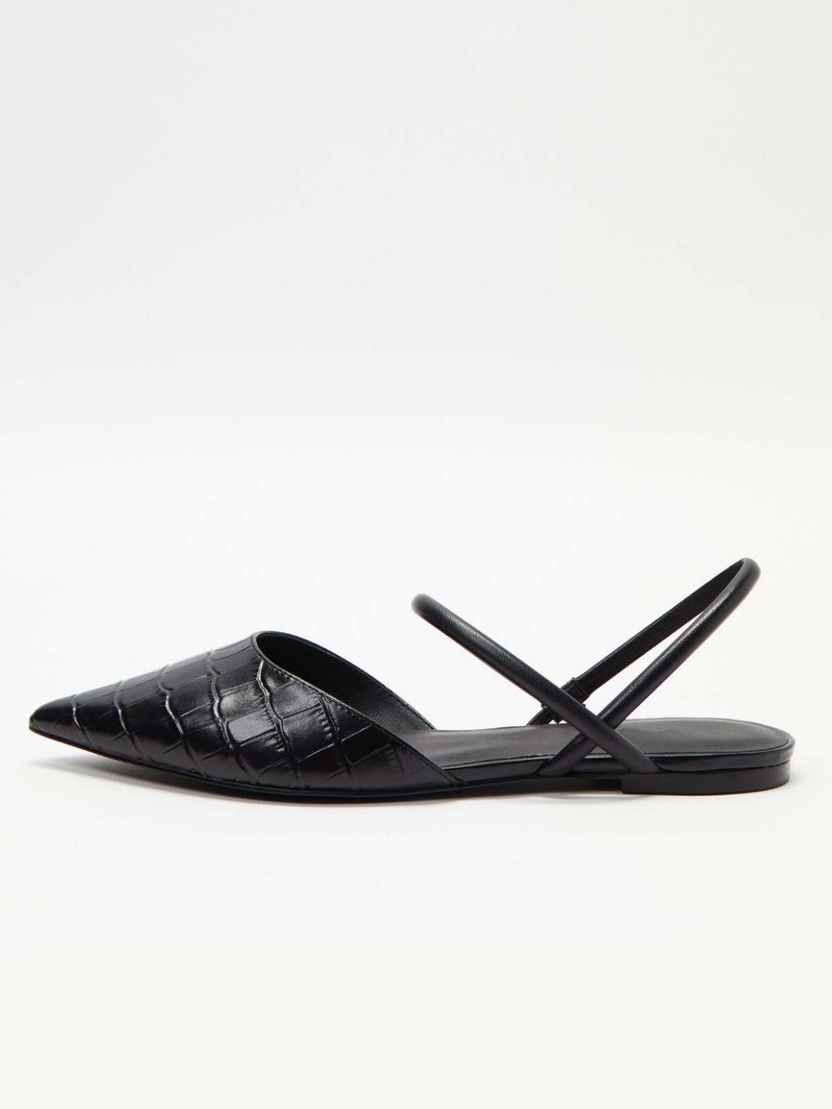 Black Crocodile Embossed Pointed-Toe Flats With Double Straps