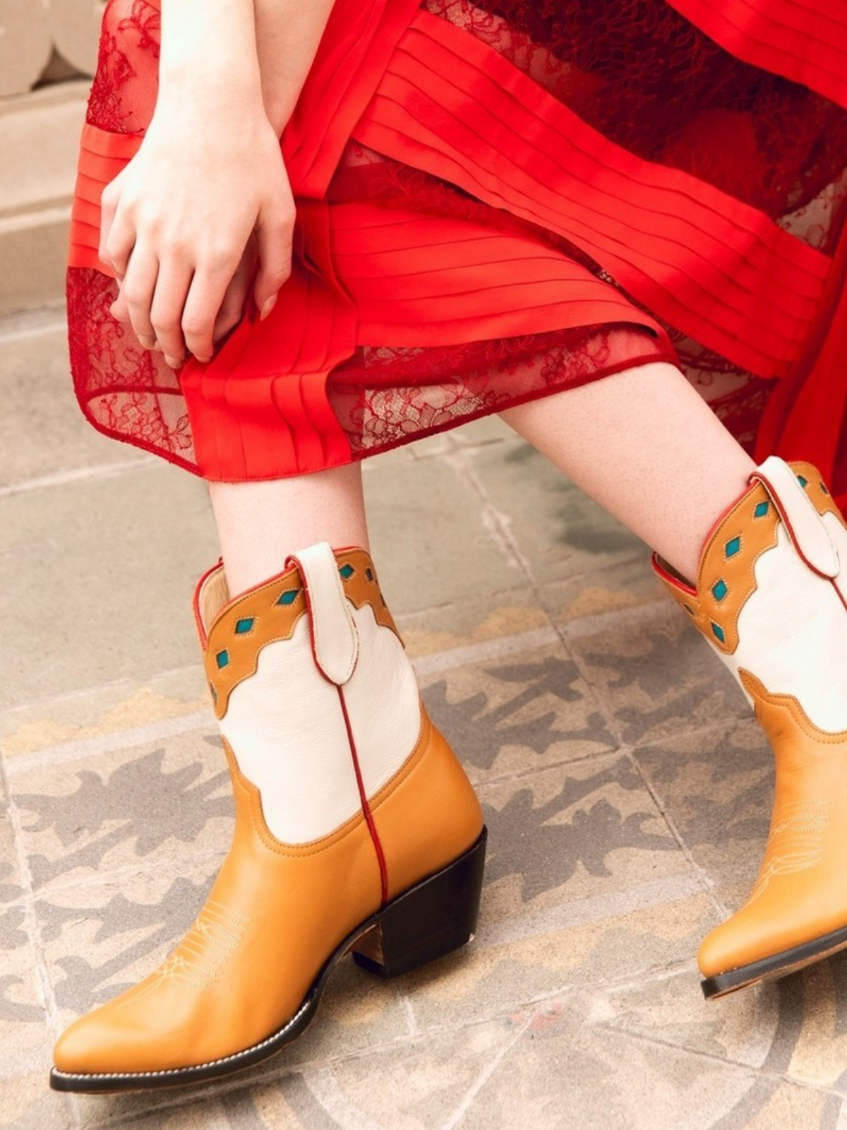 Contrast Orange Brown And White Inlay Round-Toe Wide Mid Calf Cowgirl Boots