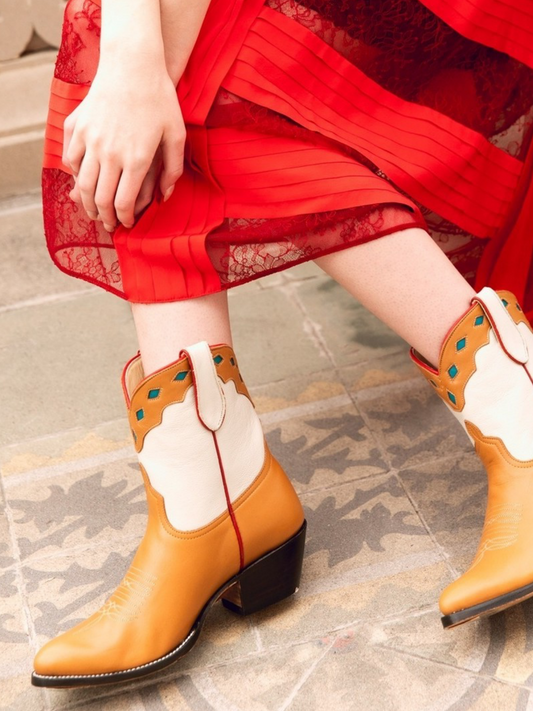 Contrast Orange Brown And White Inlay Round-Toe Wide Mid Calf Cowgirl Boots