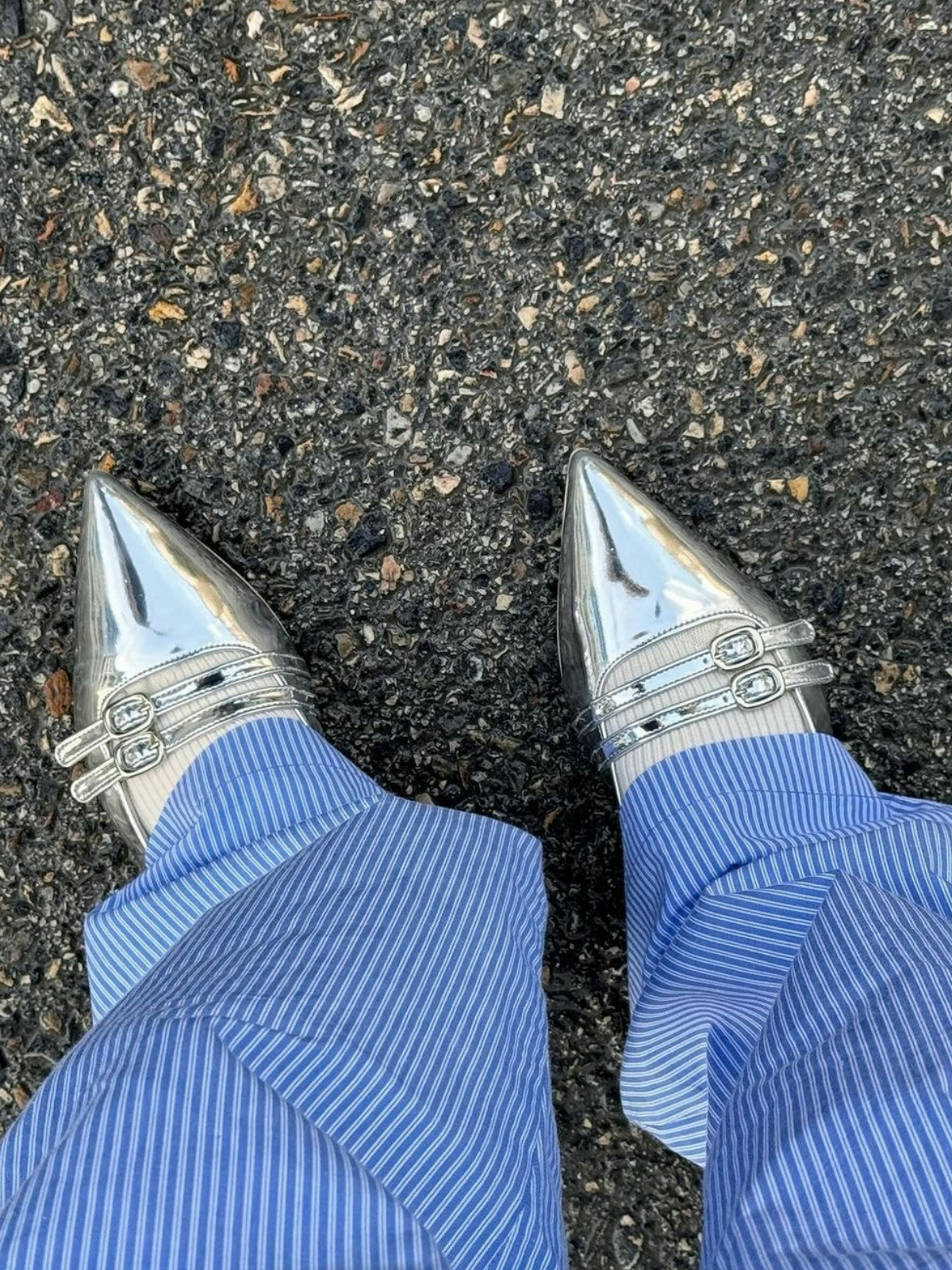 Metallic Silver Pointy Buckled Strappy Slingback Ballet Flats