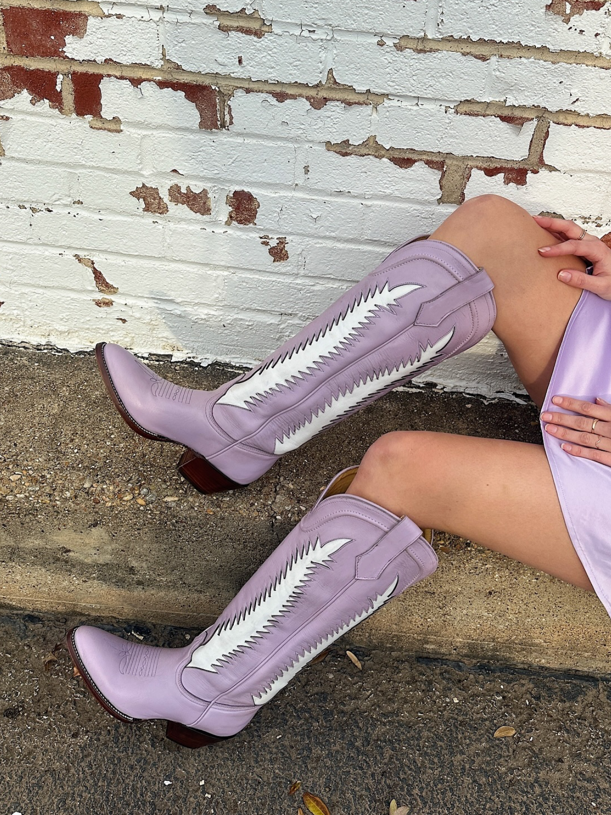 White Inlay Almond-Toe Wide Calf Knee High Tall Cowgirl Boots - Lavender