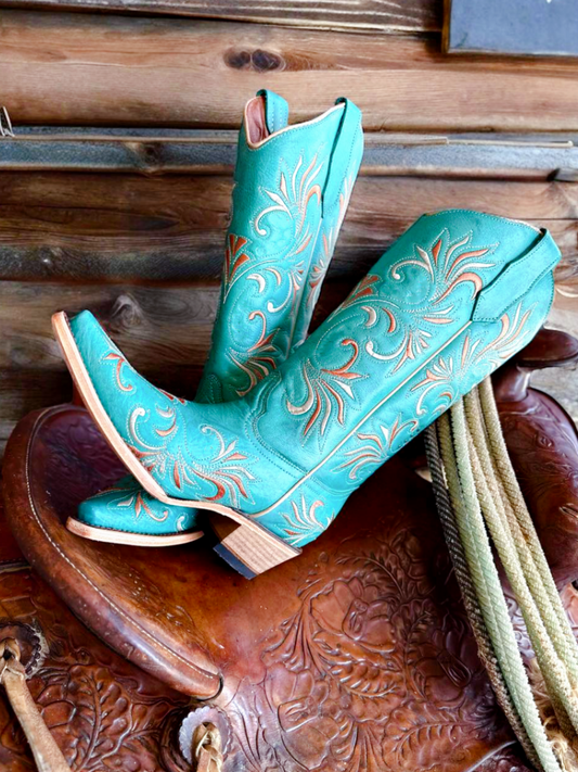 Turquoise Embroidery Snip-Toe Wide Mid Calf Cowgirl Boots Western Boots