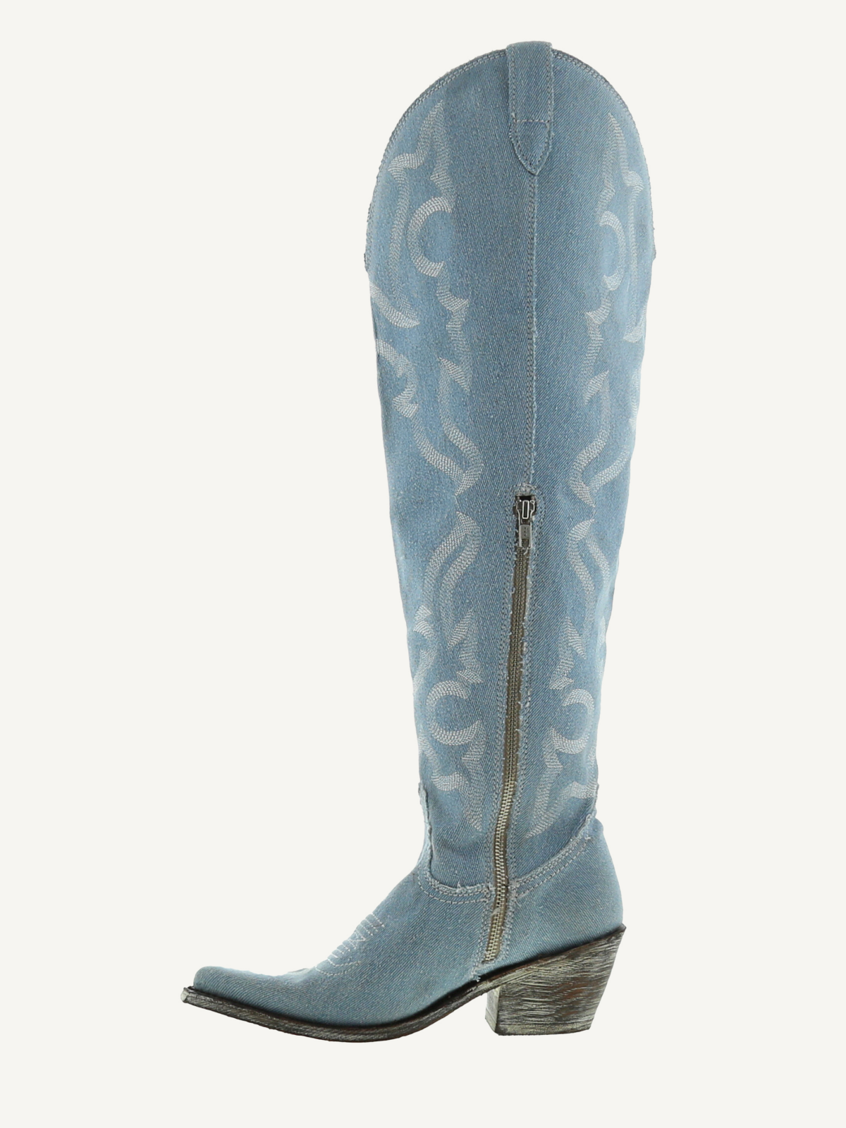 Denim Blue Embroidery Pointed-Toe Half-Zip Over-The-Knee Cowgirl Boots