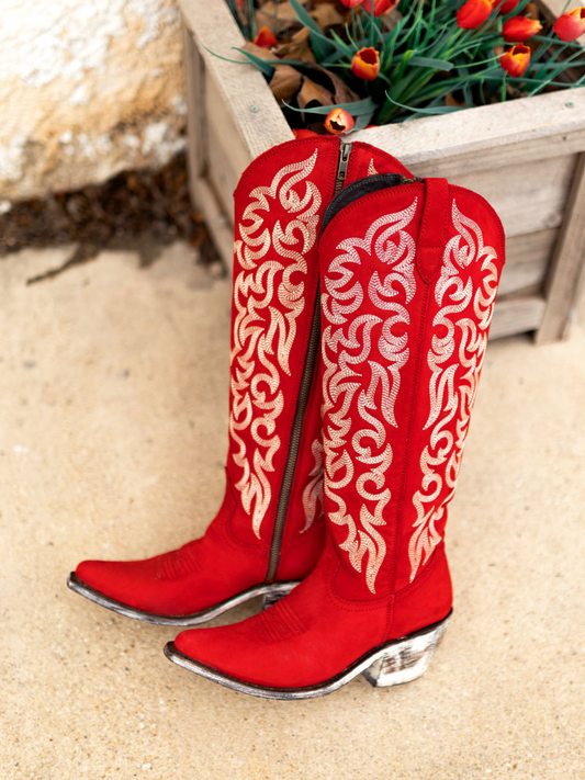 Embroidery Almond-Toe Full-Zip Knee High Tall Cowgirl Boots - Red