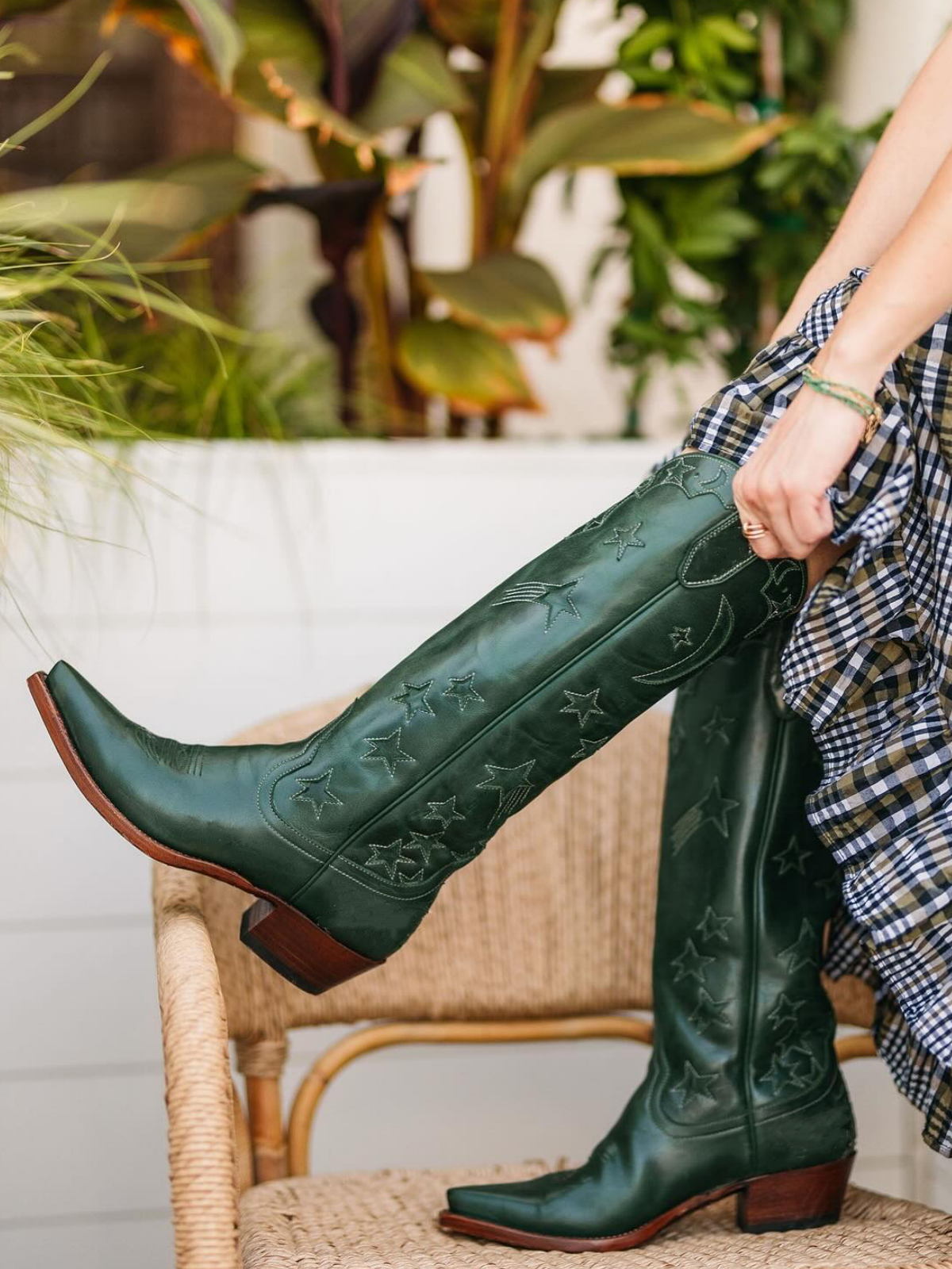 Moon Star Inlay Applique Mid Calf Cowgirl Tall Boots - Green